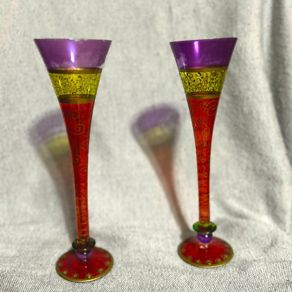 2 Collectible Pier 1 HandPainted Gold Champagne Flutes Bohemian Rare Purple Top